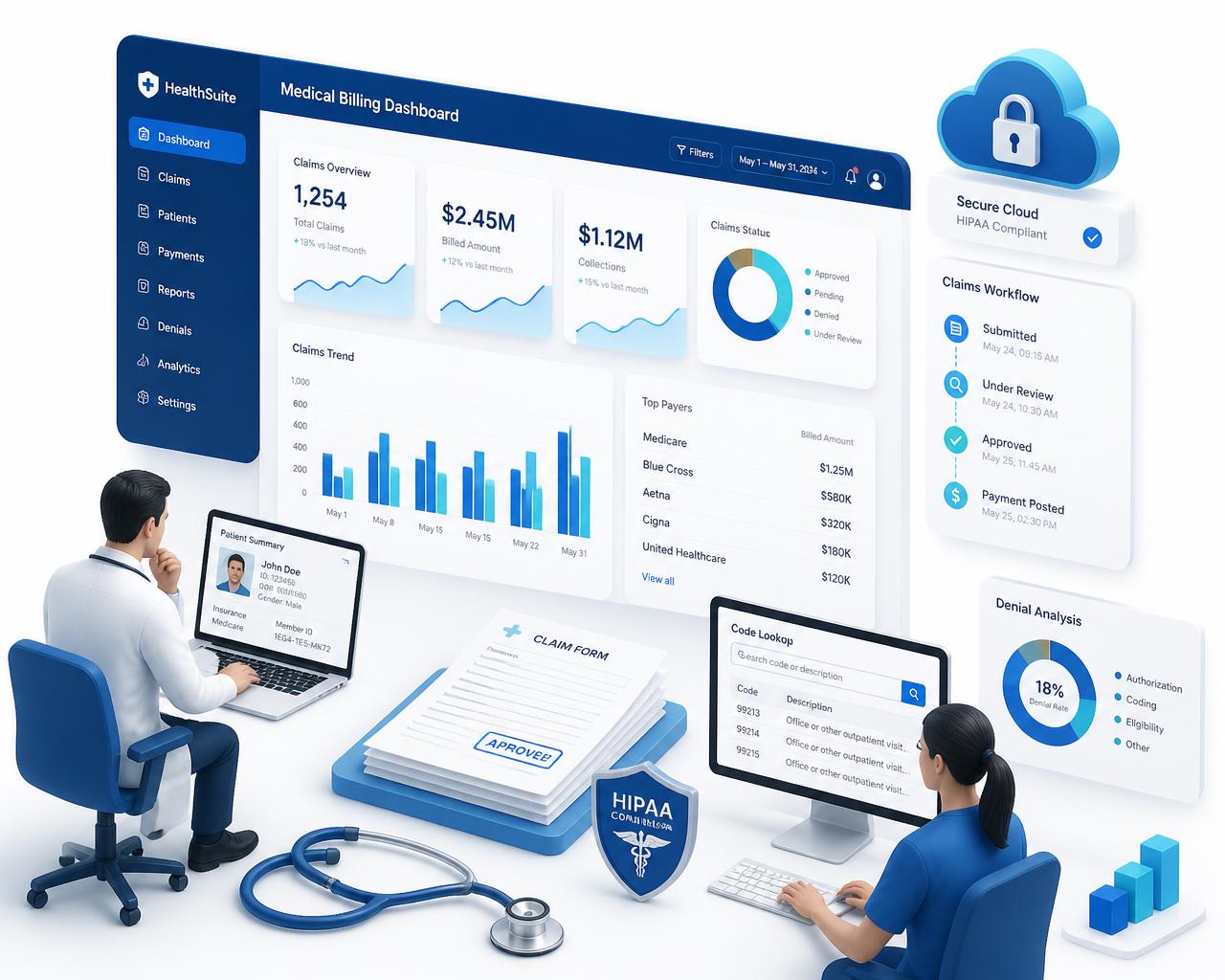 Healthcare revenue cycle dashboard with medical coders reviewing claims and denial analytics
