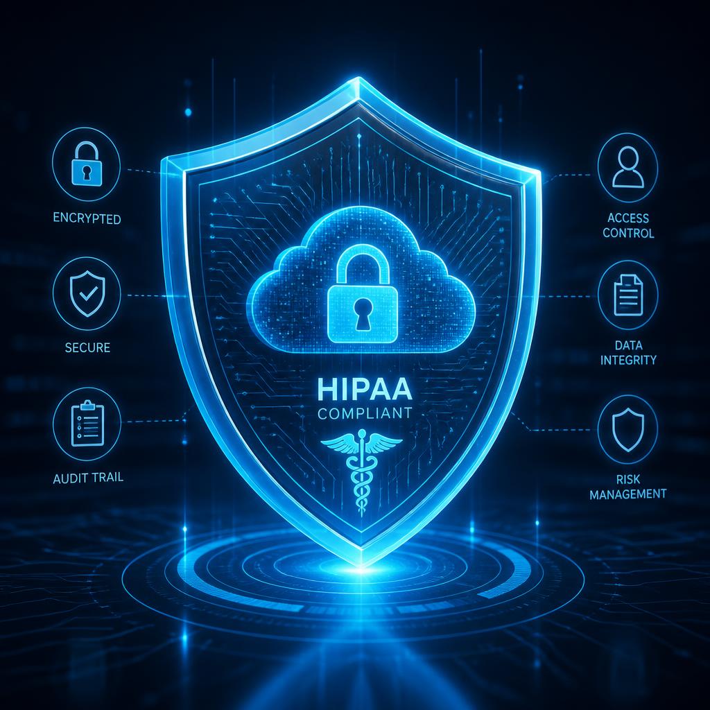 HIPAA compliant security shield protecting encrypted healthcare data infrastructure